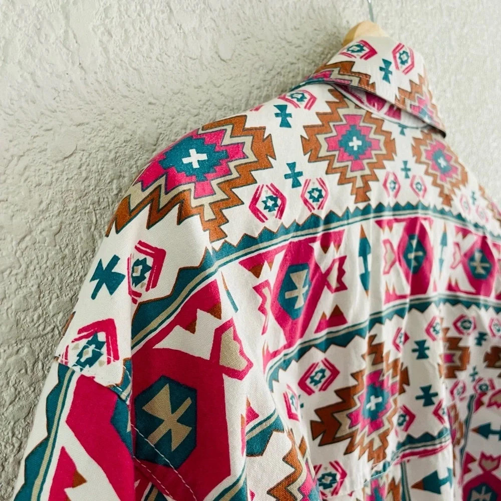 Vintage Geometric Button Down Shirt - Pink, Brown, Blue - Picture 3 of 13